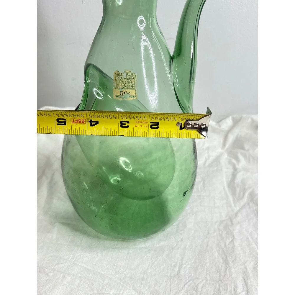 Vintage Green Glass Wine Carafe Decanter with Handle and Spout Unique Art Glass